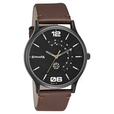 Sonata Men's Watch Analog Black Dial With Brown Leather Strap, 77105NL01